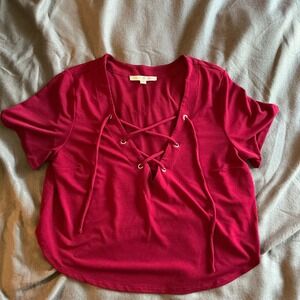 Express One Eleven Blouse Womens Small Red‎ Solid Crisscross V Neck Short Sleeve